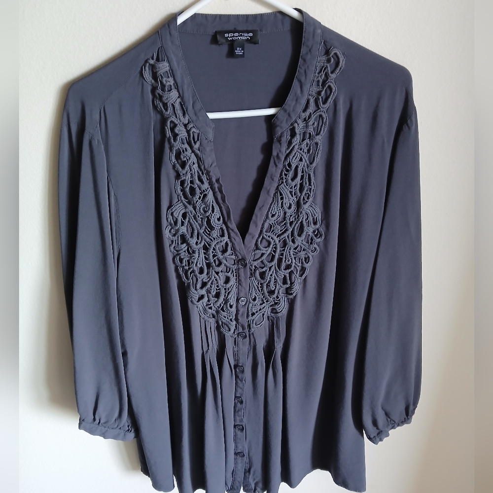 Spense Gray Blouse Size 2X Crochet V Neck